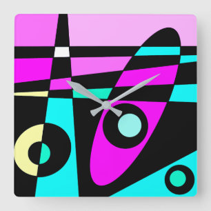 Abstract Surfing Turquoise Hot Pink Yellow Black Square Wall Clock