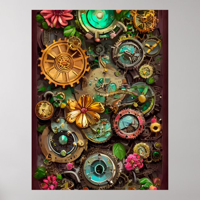 Abstract Surreal Gears Flowers Steampunk Art    Poster (Front)