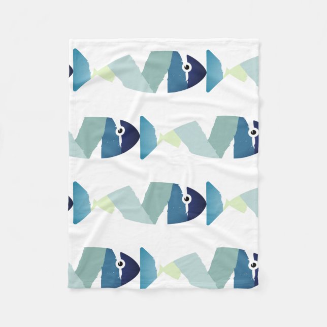 Abstract Swimming Blue Fish Fleece Blanket (Front)