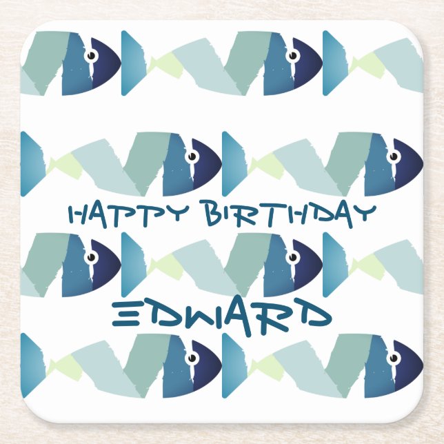 Abstract Swimming Blue Fish Square Paper Coaster (Front)