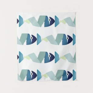 Abstract Swimming Blue Fish Tapestry