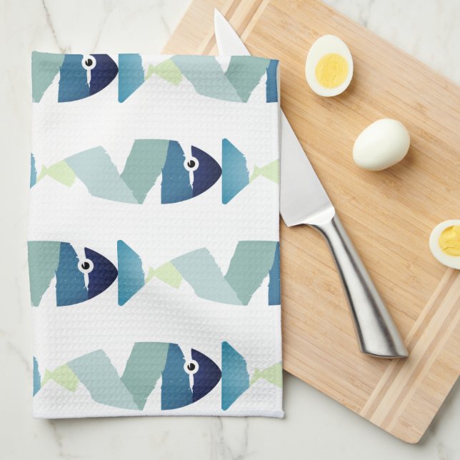 Abstract Swimming Blue Fish Tea Towel (Quarter Fold)