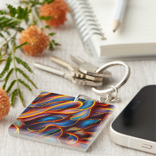 Abstract Swirl Blue Red Flames Key Ring