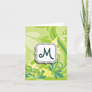 Abstract Swirl Floral Lime Green with Monogram Note Card