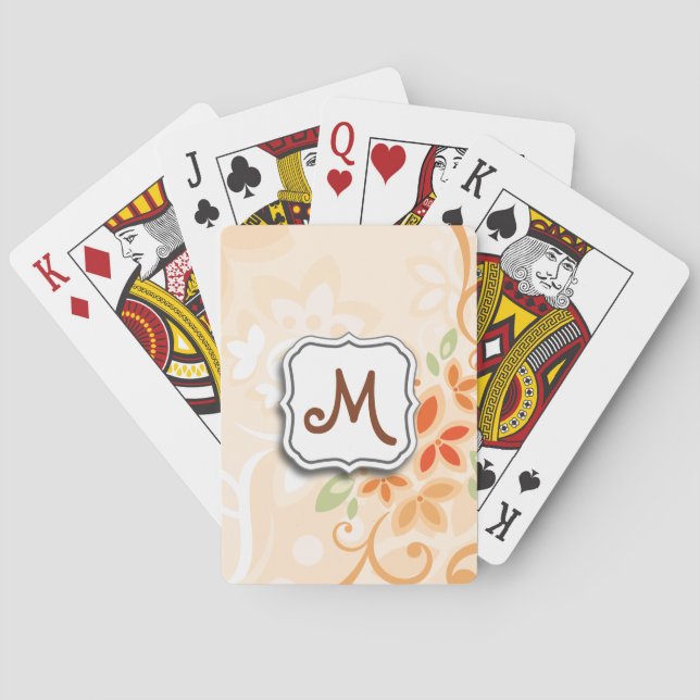 Abstract Swirl Floral Orange with Monogram Playing Cards (Back)