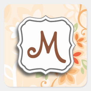 Abstract Swirl Floral Orange with Monogram Square Sticker