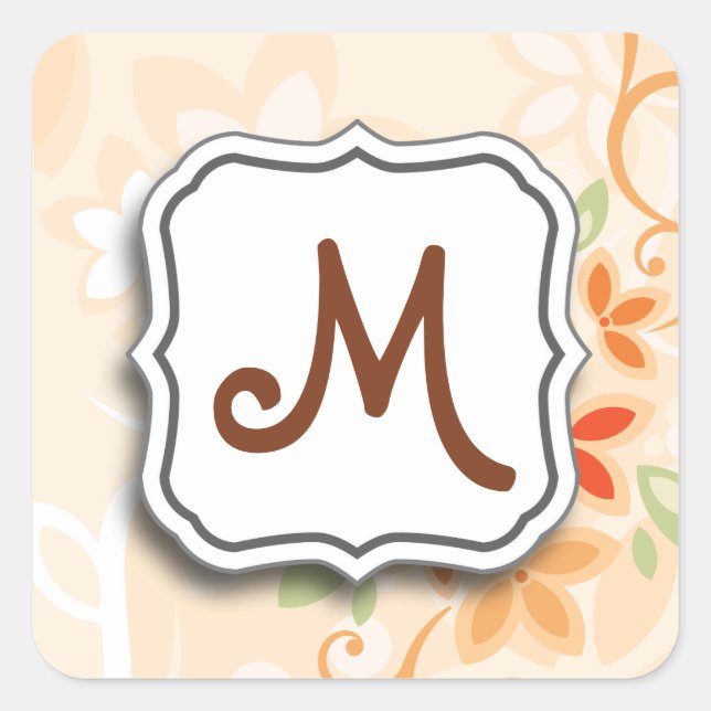 Abstract Swirl Floral Orange with Monogram Square Sticker (Front)