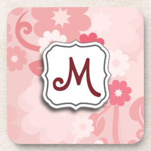 Abstract Swirl Floral Pink with Monogram Coaster