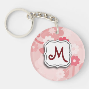 Abstract Swirl Floral Pink with Monogram Key Ring