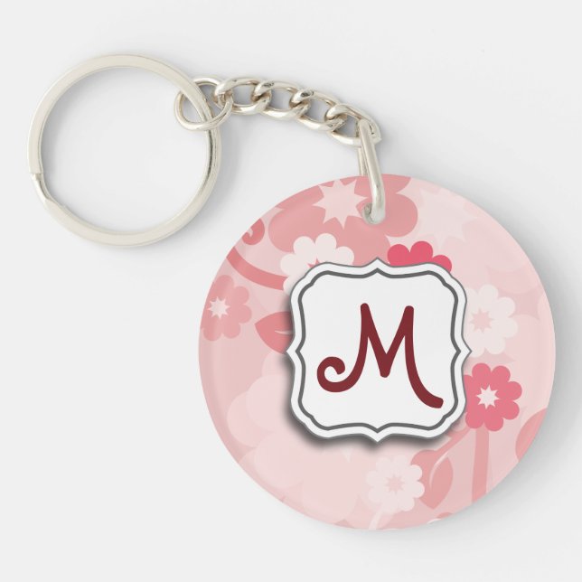 Abstract Swirl Floral Pink with Monogram Key Ring (Front)
