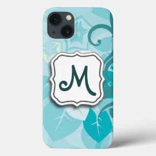 Abstract Swirl Floral Turquoise with Monogram iPhone 13 Case