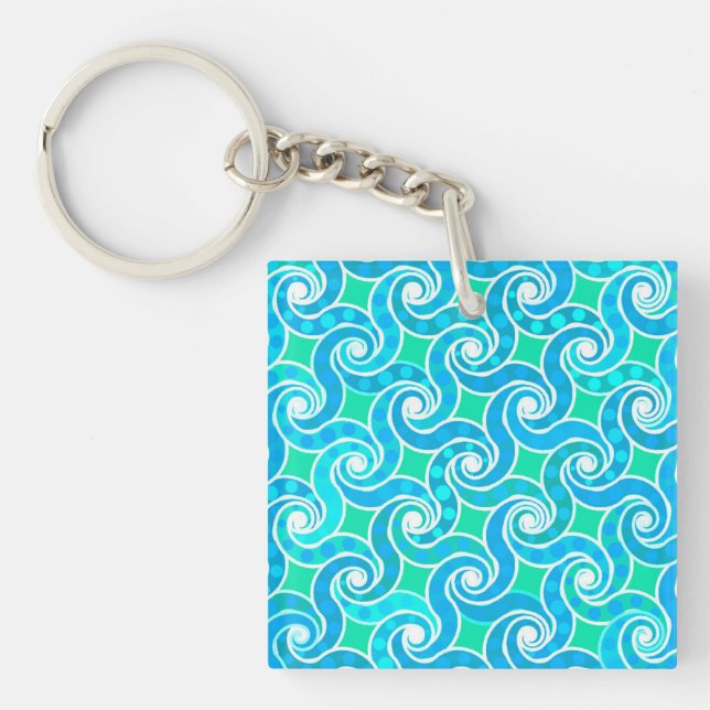 Abstract Swirl pattern - Blue, Jade green & White Key Ring (Front)