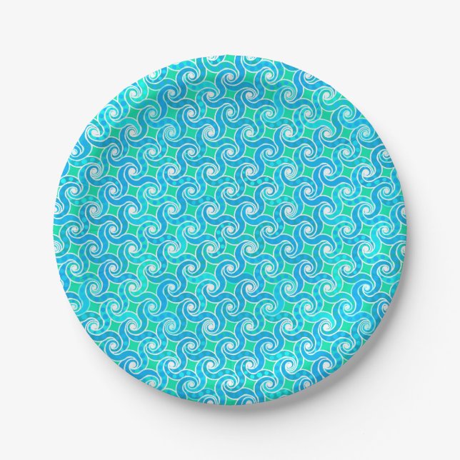 Abstract Swirl pattern - Blue, Jade green & White Paper Plate (Front)