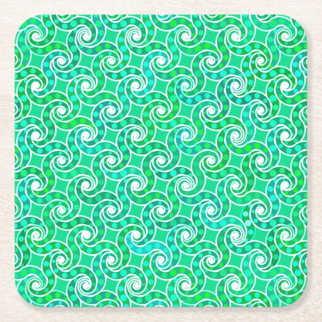 Abstract swirl pattern - shades of jade green square paper coaster (Front)
