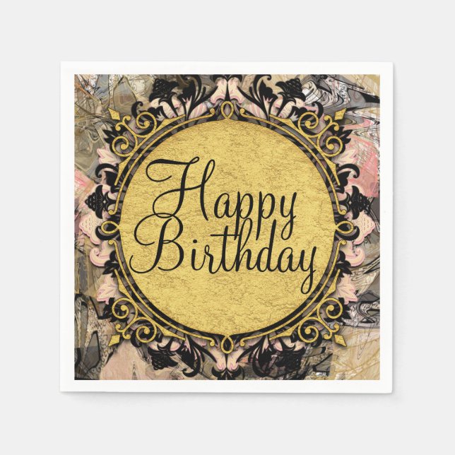 Abstract Swirl Pink Black & Gold Glam Grunge Party Napkin (Front)