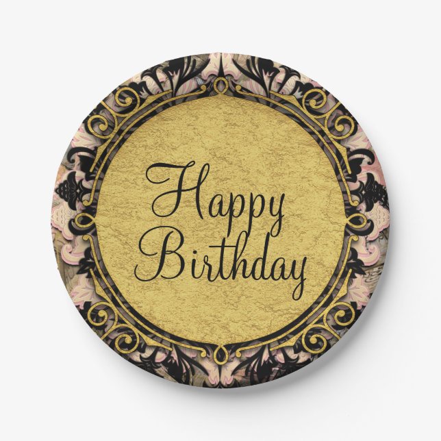 Abstract Swirl Pink Black & Gold Glam Grunge Party Paper Plate (Front)