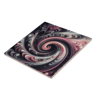 Abstract Swirling Pink, Black and Silver Ceramic Tile