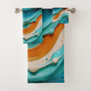 Abstract Swirling Teal and Orange Glossy Fluid  Bath Towel Set