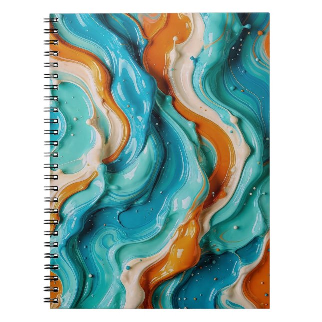 Abstract Swirling Teal and Orange Glossy Fluid  Notebook (Front)