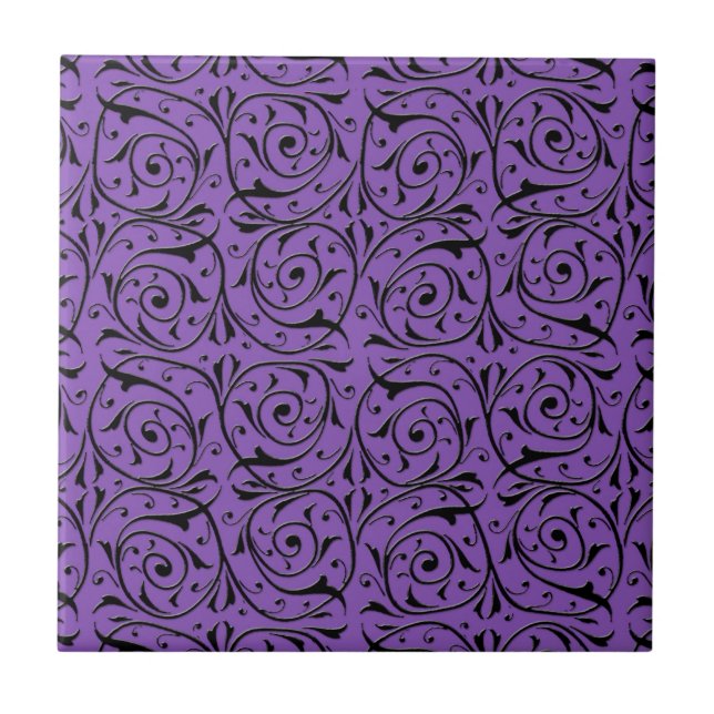 Abstract Swirling Vines Purple and Black Ceramic Tile (Front)