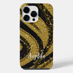Abstract Swirls Black and Gold Personalised Name iPhone 14 Pro Max Case
