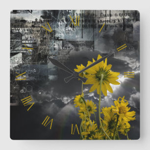 Abstract symbols and yellow flowers square wall clock