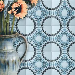 Abstract Symmetrical Teal Motifs With 3D Effects Ceramic Tile