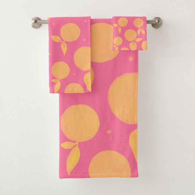Abstract tangerine pink and yellow pattern bath towel set (Insitu)