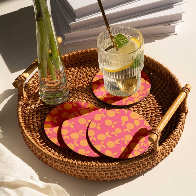 Abstract tangerine pink and yellow pattern round paper coaster (Creator Uploaded)