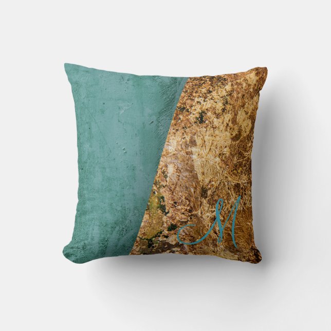 Abstract Teal and Gold Monogram Cushion (Front)