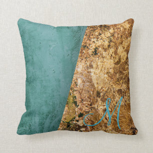 Abstract Teal and Gold Monogram Cushion