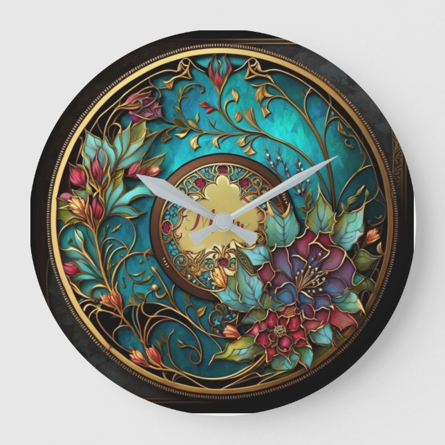 Abstract Teal and pink stained glass Mother's Day Large Clock (Front)