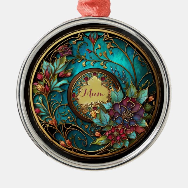 Abstract Teal and pink stained glass Mother's Day Metal Ornament (Front)