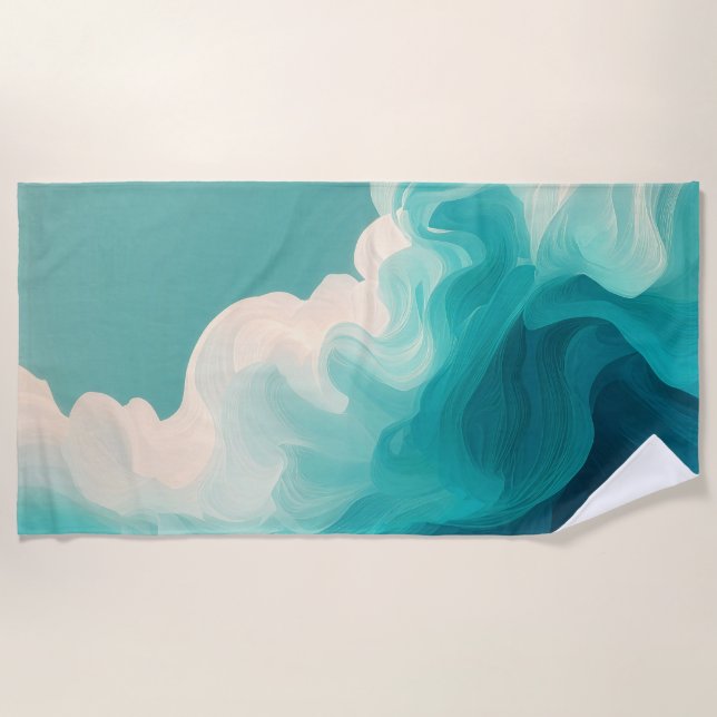 Abstract Teal and White Flowing Waves Beach Towel (Front)