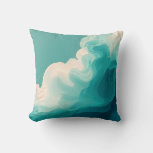 Abstract Teal and White Flowing Waves Cushion