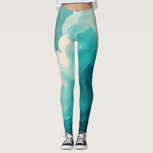 Abstract Teal and White Flowing Waves Leggings