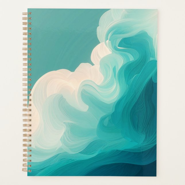 Abstract Teal and White Flowing Waves Planner (Front)
