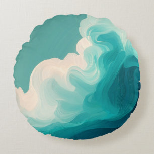 Abstract Teal and White Flowing Waves Round Cushion