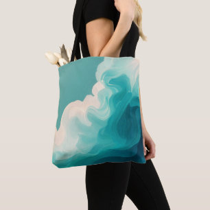 Abstract Teal and White Flowing Waves Tote Bag