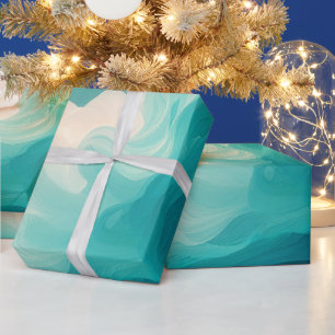 Abstract Teal and White Flowing Waves Wrapping Paper