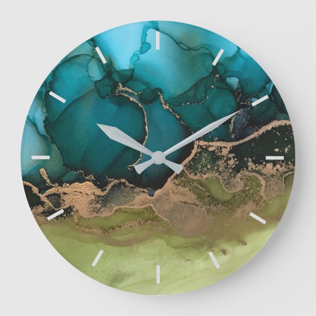 Abstract Teal Black Green Gold Without Numbers Large Clock (Front)