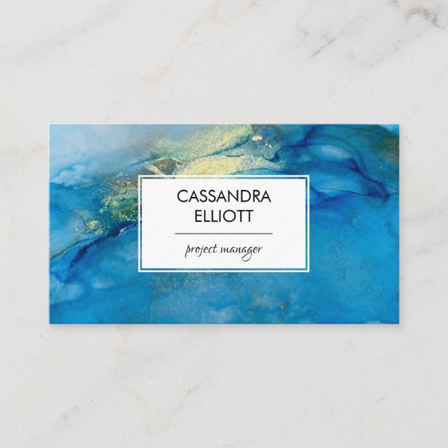 Abstract Teal Blue & Gold Alcohol Ink Liquid Art Business Card (Front)