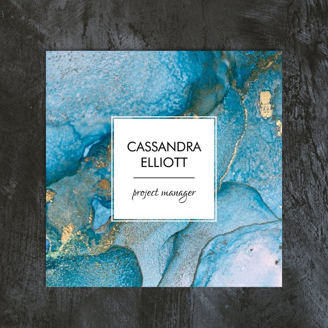 Abstract Teal Blue & Gold Alcohol Ink Liquid Art Square Business Card (Creator Uploaded)
