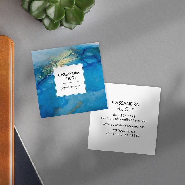 Abstract Teal Blue & Gold Alcohol Ink Liquid Art Square Business Card (Creator Uploaded)