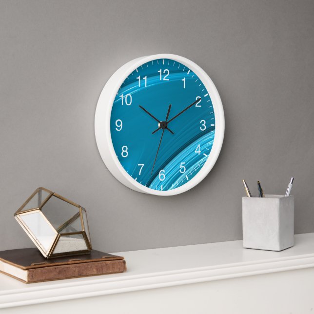 Abstract Teal Blue Swirl White Numerals Clock (Office)