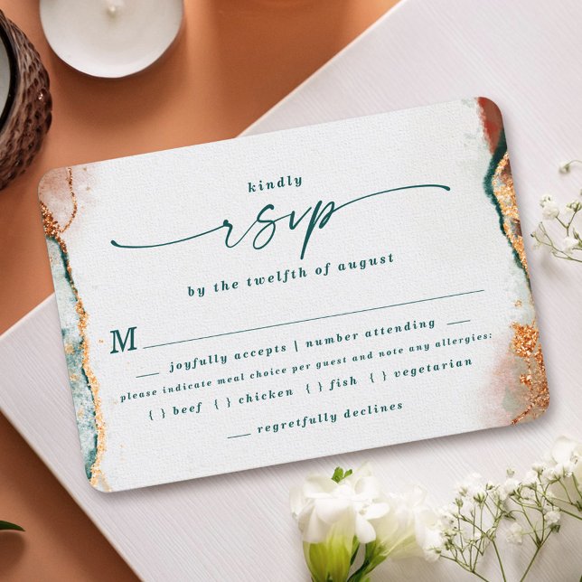 Abstract Teal Copper Wedding Meal Choice RSVP Card (Elegant Teal and Copper Wedding Meal Choice RSVP Cards)