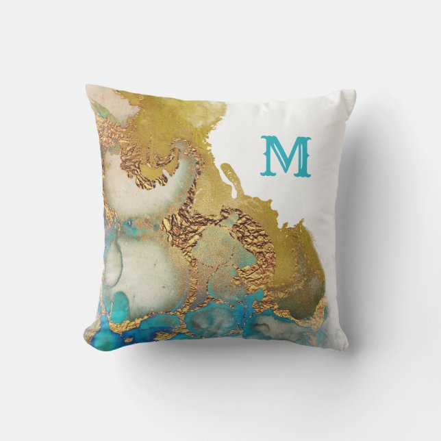 Abstract Teal Gold Agate Watercolor Monogram Cushion (Front)