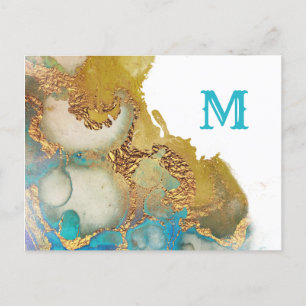 Abstract Teal Gold Agate Watercolor Monogram Postcard