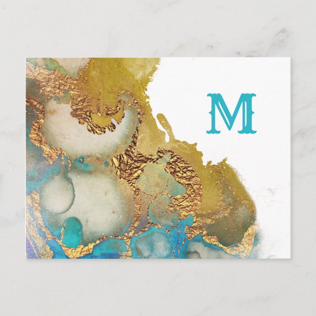 Abstract Teal Gold Agate Watercolor Monogram Postcard (Front)