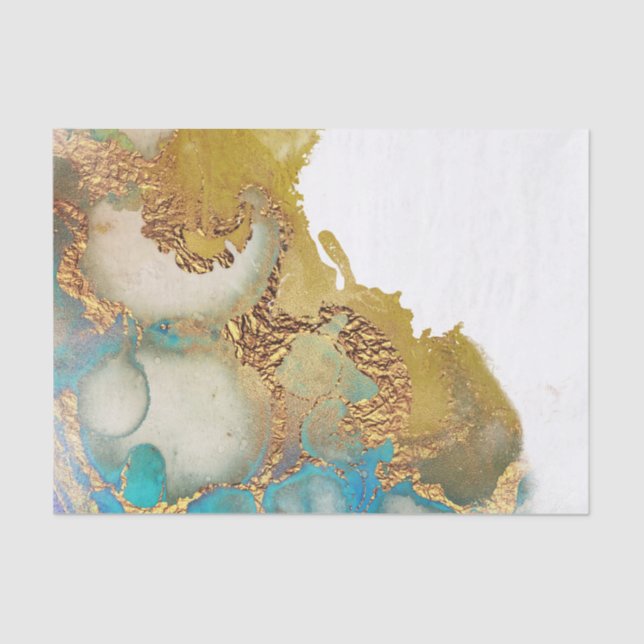 Abstract Teal Gold Agate Watercolor Tissue Paper (Front)